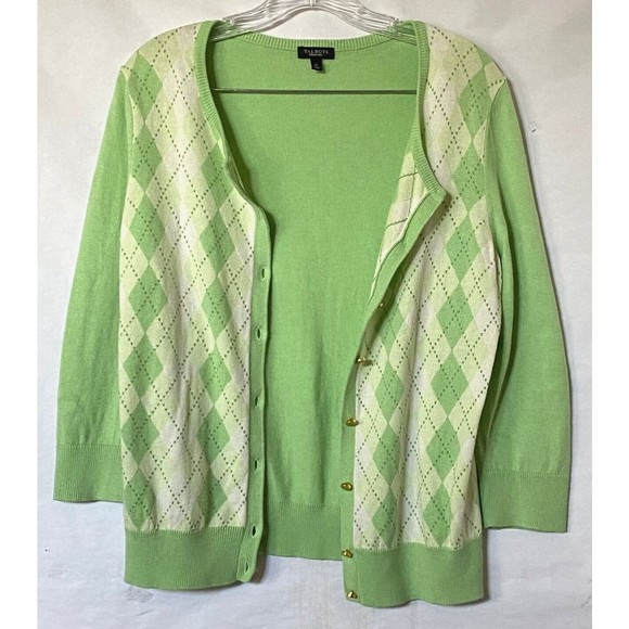 Talbots Cardigan Women M  Lime Green Yellow Argyle Cotton Silk Blend 3/4 Sleeve - Picture 4 of 14